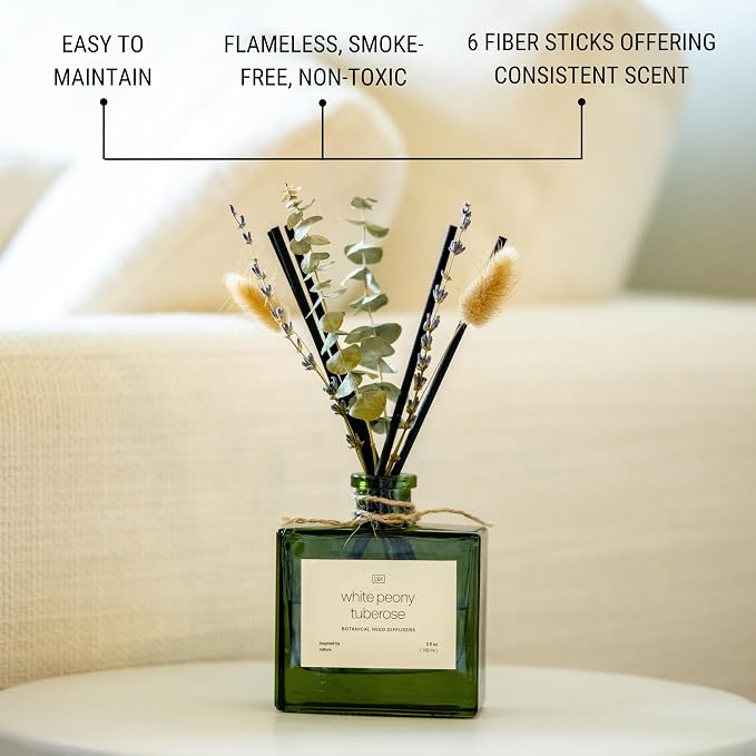 Craft & Kin Premium Mayan Copal Reed Diffuser – 3.4 oz Natural Essential Oil Diffuser for Home & Bathroom – Long-Lasting Fragrance with Rattan Scent Sticks – Green Glass Room Decor