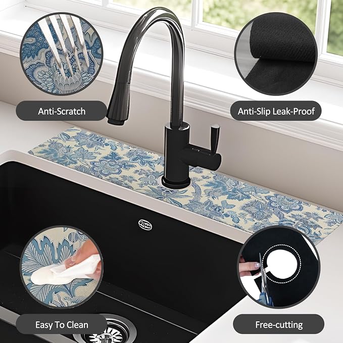 24" X 5.5" Kitchen Sink Splash Guard Faucet Mat Flora Super Absorbent Fast Drying Faucet Guard & Draining Mat Sink Splash Guard Behind Faucet for Kitchen, Bathroom