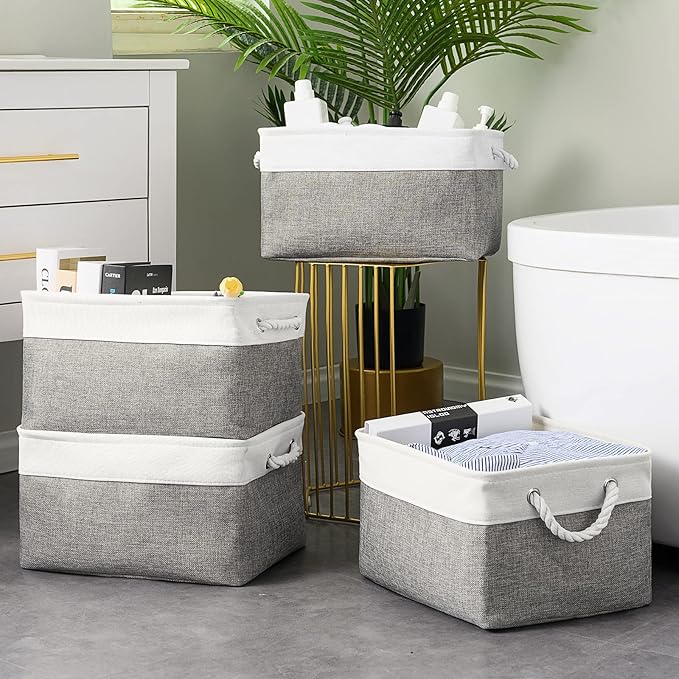 TcaFmac Storage Basket for Organizing - Large 4 Pack 15.8x11.8x8.2 inch Fabric Storage Bins for Shelves, Foldable Storage Cubes for Closet Cloth Toy Gift Kids(White&Grey)