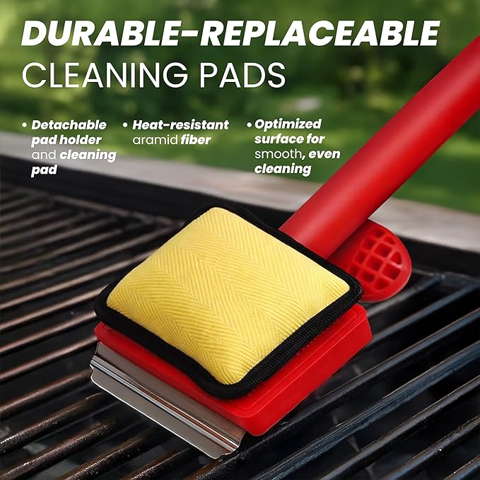 Grill Brush Bristle Free with 3 Replacement Brush Heads, Easy-Fit Cleaning Tool for Cast Iron/Stainless Steel Grates, Safe Barbecue Grill Cleaner
