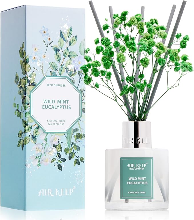 Reed Diffuser Set,3.38 fl oz (100 ml) - Wild Mint&Eucalyptus Oil Diffusers with 8 Reed Sticks, Home Fragrance Reed Diffuser for Bathroom Shelf Decor