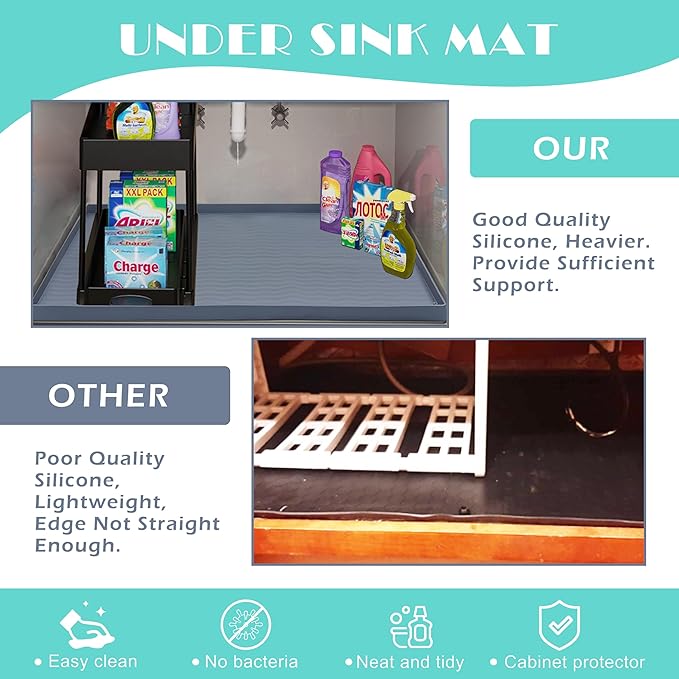 URMONA Waterproof Silicone Under Sink Mat 40'' x 22'' Shelf Liner for Kitchen and Bathroom, Cabinet and Counter Protector, Storage and Organizers, Litter Mat, Pet Cat Puppy Essentials(Cream)