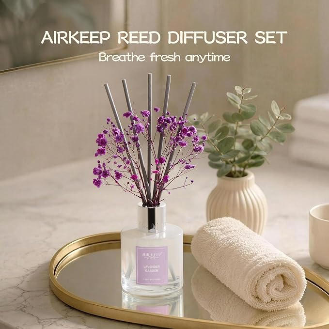 Reed Diffuser Set,3.38 fl oz (100 ml) - Lavender Garden Oil Diffusers with 8 Reed Sticks, Home Fragrance Reed Diffuser for Bathroom Shelf Decor