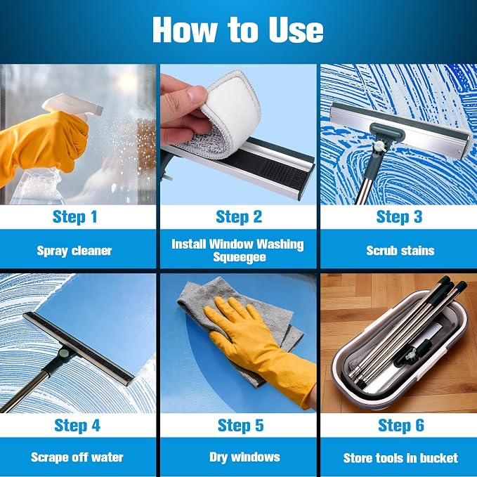 Window Cleaning Kit Tool with Storage Bucket & Extension Pole | Window Washing Kit with Extension Pole,Professional Windows Washer Cleaner Squeegee Kits,Indoor&Outdoor High Windows