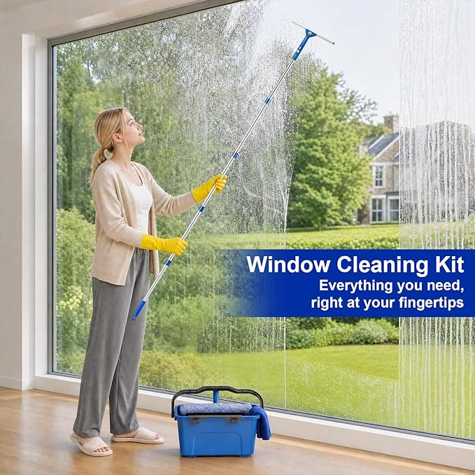 Professional Window Cleaning Kit, Window Washing Kit with 3 Gallon Bucket, 14-Inch Squeegee, 15-Inch Scrubber, 76-Inch Extendable Pole, Set of Window Cleaning Equipment for Home & Commercial Use