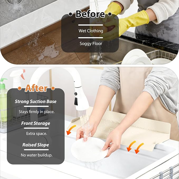 Full-Coverage Sink Splash Guard – 17.7 Inch Extra-High Ramp with Super Strong Suction Cups, Silicone Sink Splash Guard with Front-Edge Storage for Kitchen (White, 17.7''x4.7''x2.8')