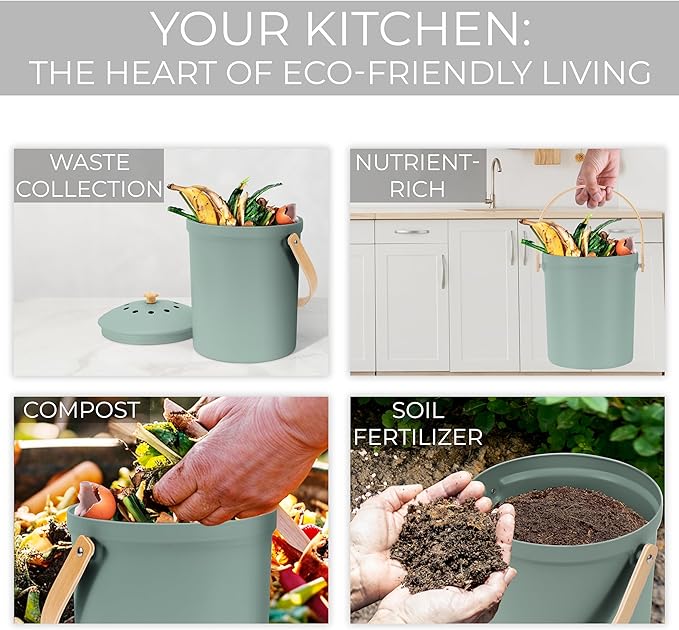Beautiful Kitchen Compost Bin with Smell Proof Lid - Rust Proof and Odorless Compost Bucket for Your Countertop with No Smell Filters - Easy to Clean 1.1 Gallon Bin Looks Great On Any Kitchen Counter