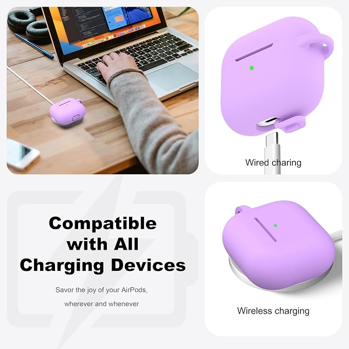 R-fun Compatible with AirPods 3 Case Cover, Silicone Protective Accessories Skin with Keychain Compatible with Apple AirPod 3rd Generation 2021 for Women Men Girls Boys,Front LED Visible,Lavender