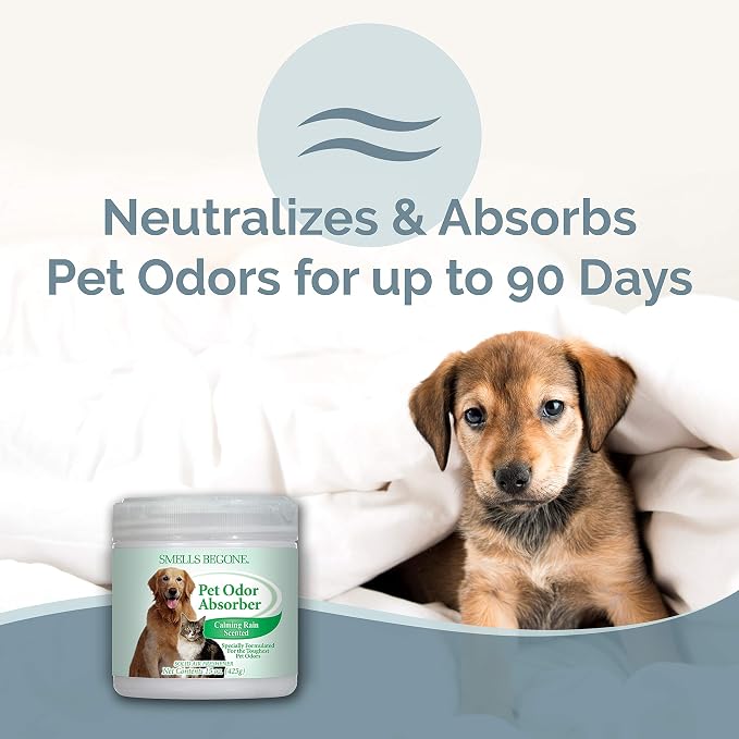 SMELLS BEGONE 15oz Gel Odor Eliminator - Absorb & Remove Tough Odors in Pet Areas, Bathrooms, Basements, Garage, Cars, RVs & Boats - Eliminate Odors Quickly (1-Pack, Pet Calming Rain)