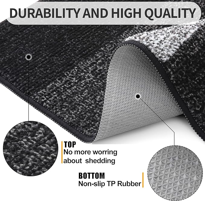 Kitinjoy Indoor Outdoor Door Mat, 48x30 Non-Slip Absorbent Dirt Trapper, Low-Profile Washable Inside Entrance Front Floor Mat, Sturdy Soft Entry Doormats for Entryway, Black