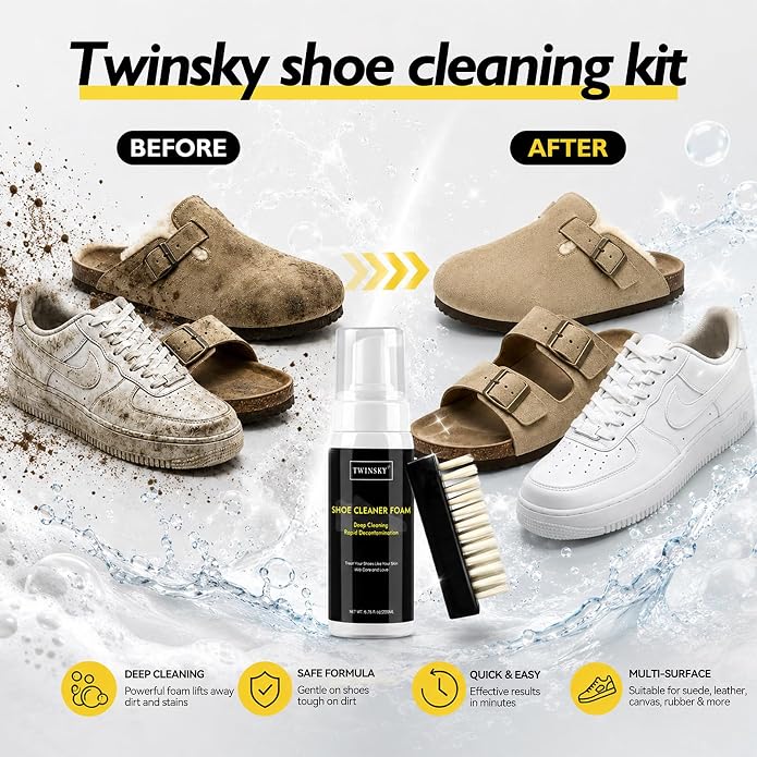 6-in-1 Shoe Cleaning Kit,Compatible with Birkenstock, with Plant-Based Foam, Deodorizing Spray, 3 Brushes & Microfiber Towel, for Sneaker, Leather, Nubuck, Boot, Suede, Athletic Shoes,etc