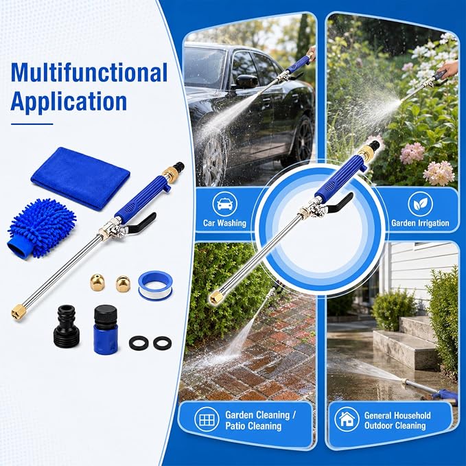 High Pressure Hose Nozzle, 2‑in‑1 Metal Water Jet Nozzle, High Pressure Power Washer Wand with 2 Different Tips, Quick Connectors for Cars, Patios, Decks & Outdoor Cleaning (Blue)