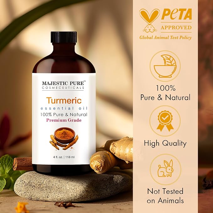 Majestic Pure Turmeric Essential Oil for Diffuser - 4 Fl Oz | 100% Pure & Natural Essentials Oils Ideal for Humidifier, Air Freshening, Cleaning Home, Bath, Steam Inhalation and Massage