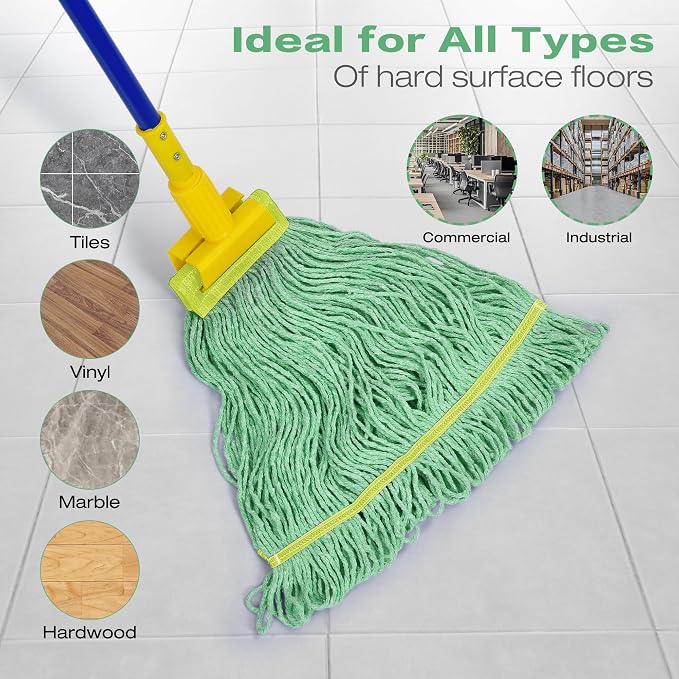 Matthew Cleaning 3Pcs 5'' Headband White&Orange&Green Medium Commercial String Mop Heads, Loop-End Mop Head Replacement, Heavy Duty Industrial Washable&Reusable Mop Refills for Residential& Warehouse