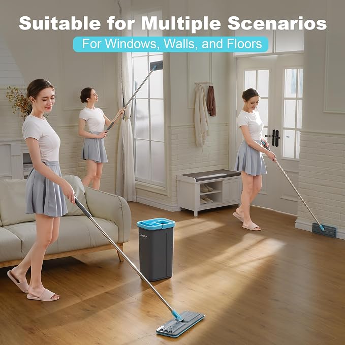 JOYMOOP Flat Mop, Microfiber Floor Cleaner with 60" Long Handle and Flexible 13" Head, Grey & Cyan Blue