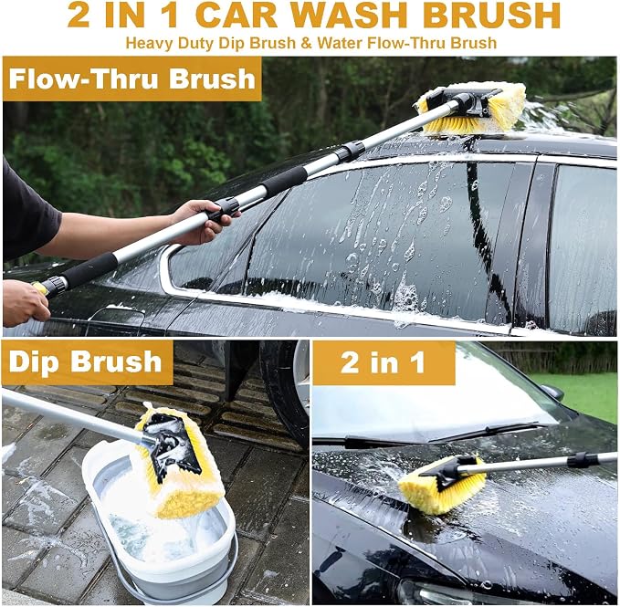 54" Car Wash Brush with Long Handle and 12" Soft Bristle Brush Head, Water Flow-Thru Car Washing Brush with Hose Attachment for Cleaning Car, RV, Truck, Boat, Camper, House Siding and More