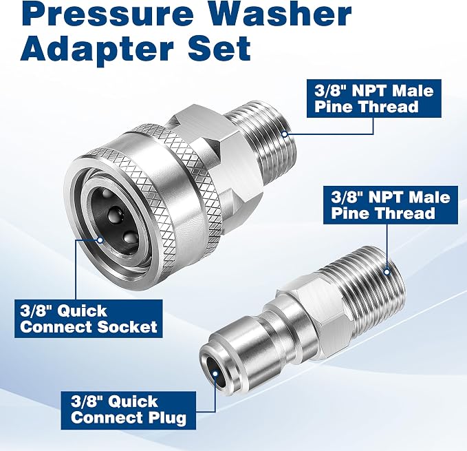 3/8 Inch NPT Pressure Washer Quick Connect Adapter Set, 12-Piece | Stainless Steel Male Thread Fittings for Compatible Hose, Gun, Wand and Surface cCeaner Connections, Rated Up to 5000 PSI