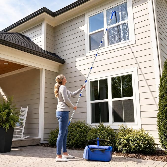 10Ft Professional Window Cleaning Kit with Bucket for Home & Commercial | 120" High Window Squeegee, Microfiber Scrubber, 3 Gal Bucket, Window Cleaning Equipment Washing Kit, Cleaner Tool for Outdoor