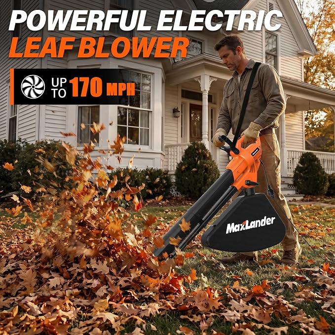 MAXLANDER 3 in 1 Electric Corded Leaf Blower, Leaf Vacuum and Leaf Mulcher | 460CFM 170MPH Powerful Leaf Vacuum with 34L Collection Bag, 10:1 Mulch Ratio, Corded Leaf Blowers for Lawn Yard Cleanup