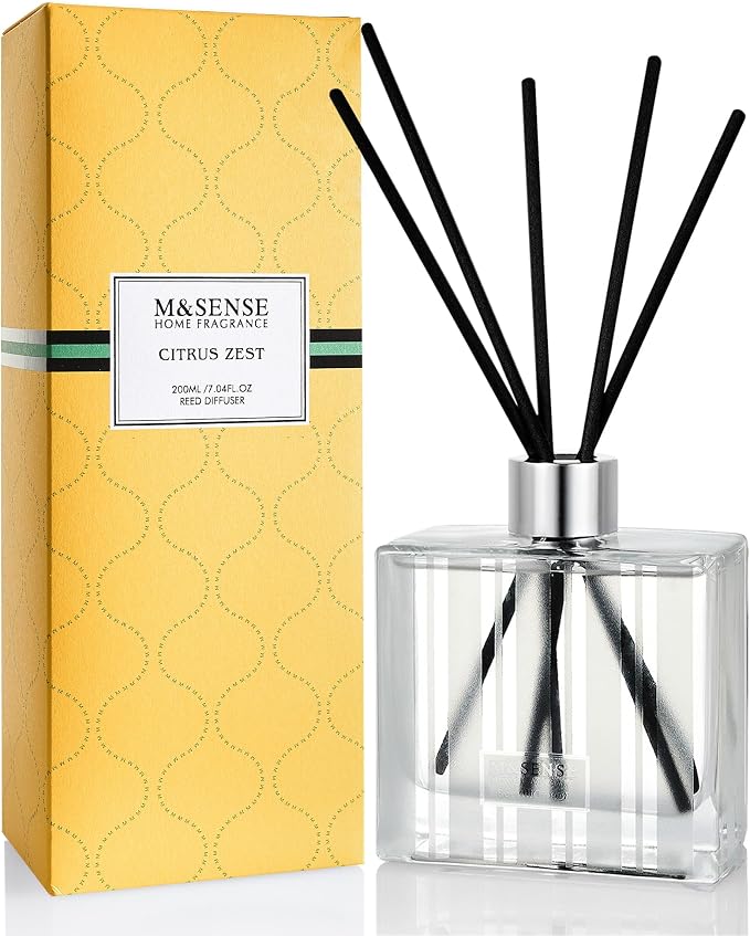 M&SENSE Reed Diffuser Set, Citrus Zest, 7.04 oz Natural Essential Oil | Non-Toxic Organic, Long-Lasting Fragrance, Ideal for Kitchen Home Office, Gifts for Women