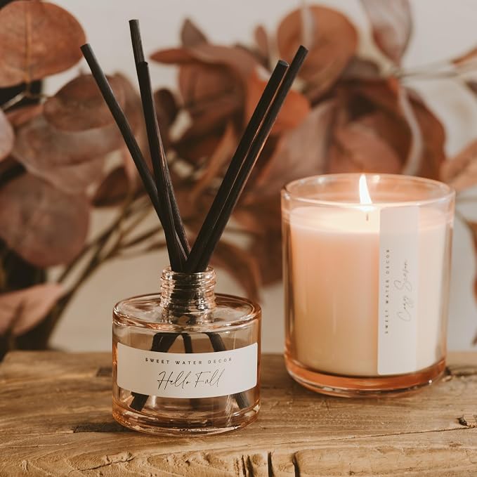 Sweet Water Decor Hello Fall Reed Diffuser, Cozy Autumn Home Scent with Apple Cider & Spice, Long-Lasting Non-Toxic Oil for Bedroom, Bathroom & Office, Fall Gift Set for Women, Lasts 4+ Months