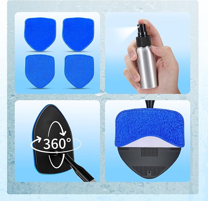 XINDELL Interior Windshield Cleaner Tool, Car Window Cleaning Kit with 5 Reusable Microfiber Pads, Extendable Handle & 360° Rotating Head, Streak-Free Auto Glass Wiper for Truck SUV RV