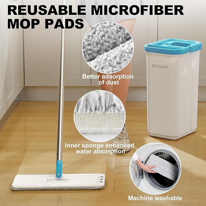 Mop and Bucket Set, Mops for Floor Cleaning Turquoise-Cyan, 60" Long Handle Wall Mop, Squeeze Flat Mop and Bucket System, Dry & Wet Dust Mop for Household Cleaning with 2 Microfiber Mops
