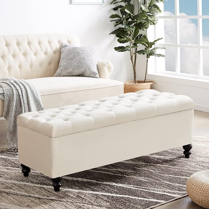 Living&Giving Storage Ottoman 50.2 Inches Upholstered Fabric Storage Ottoman Bench，Button Tufted Ottoman with Storage for Living Room，Bedroom End of Bed Bench Withstands 304lbs (Ivory-TP)