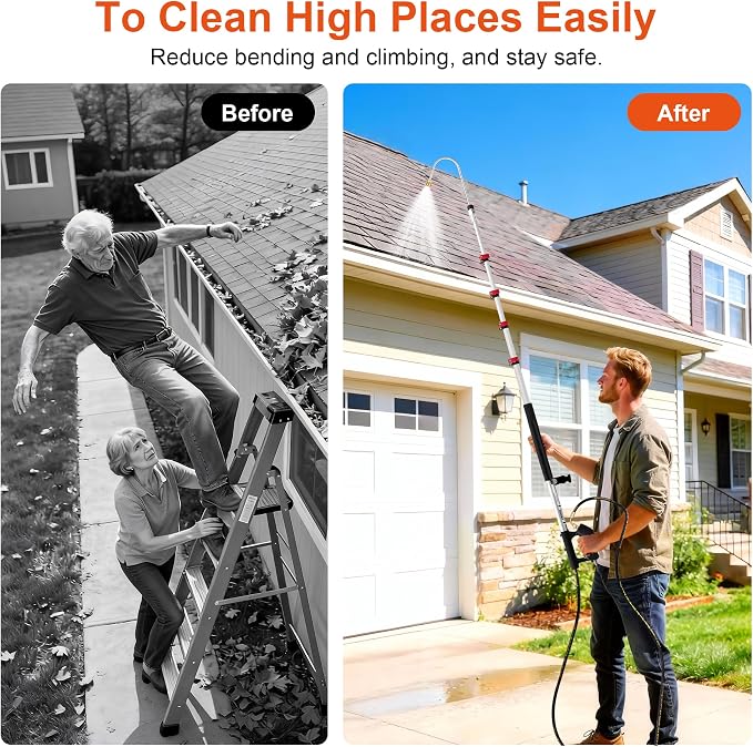 Telescoping Pressure Washer Wand 24 ft Pressure Washer Extension Wand 24 Feet Power Washer Extension Wand Aluminum with Brush Head,Gutter Cleaner, 5 Spray Nozzle Tips, 2 Hose Adapters, Support Belt