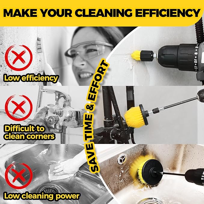 Holikme 8Pc Drill Brush Set - Scrub Brushes with Extension for Home Clean | Nylon Fibers, Power Scrubber Attachments for Tile, Tub, Shower, Floors, Kitchen and Auto Interior Care, Cleaning Tools, White