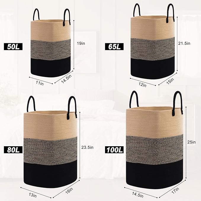 Woven Laundry Basket for Clothes, 50 L Large Rectangle Laundry Hampers with Beads Tassel, Nursery Storage Basket for Toys, Tall Dirty Clothes Hamper for Bedroom Aesthetic, Laundry Room Organization