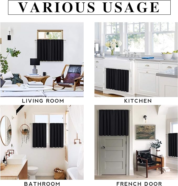 RYB HOME Curtains for Bedroom 63 inches Long, Blackout Thermal Insulating Window Treatment Drapes for Living Room Bathroom Basement Laundry Classroom, W 34 x L 63, Black, 2 Panels