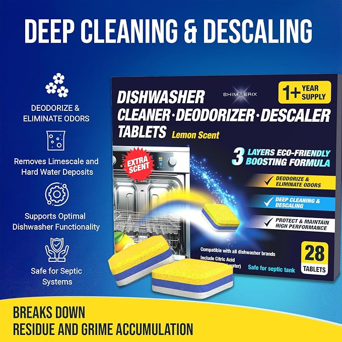 Dishwasher Cleaner Deodorizer Descaler Tablets - 28 Tabs - 1 Plus Year Supply - Extra Scented Deep Cleaning Sanitizer Pods - Remove Hard Water - Contain Citric Acid Heavy Duty Septic Safe - Lemon