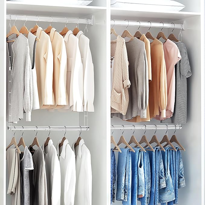 STORAGE MANIAC Hanging Closet Rod, Adjustable Width and Height Closet Hanging Organizer, Space-Saving Clothes Hanging Bar, Closet Extender Hanging Rod Double Closet Hanging Rod, 2 Pack Chrome