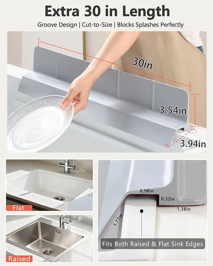 Kitchen Sink Splash Guard 30" 23" 18" Self-Draining Silicone Water Guard with High Splash Wall & Strong Suction Cups for Faucet, Countertop & Sink Edge, Keeps Sinks Dry, Dishwasher Safe, Grey