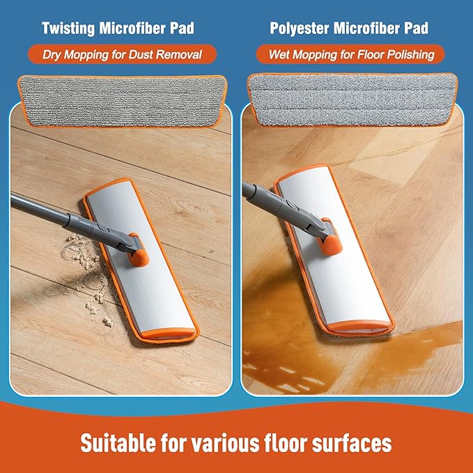 CLEANHOME Flat Mop for Hardwood & Pet Hair, 4 Washable Pads | 4 Reusable Microfiber Pads for Wet/Dry Mopping. 180° Swivel Head & 56" Handle Reaches Under Furniture. Pet Hair Scrubber.