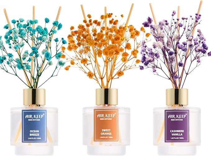Reed Diffuser Set of 3, Ocean Breeze Sweet Orange Cashmere Vanilla Oil Reed Diffusers for Bedroom Living Room Office Aromatherapy Oil Reed Diffuser for Gift 50ml x 3