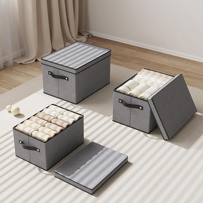 Fabric Storage Boxes, 7.1 x 9.1 x 13 Inch Baskets for Shelves with Lids, Wardrobe Organiser with Handles, Decorative Linen Closet Organizer Bins, Gray, 3 Pack