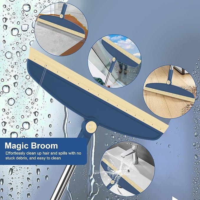 Broom and Dustpan Combo Set, 51" Long Handle with Squeegee & Mini Set | Blue Complete Cleaning Kit, Floor Squeegee for Wet & Dry Messes, Built-in Comb Dustpan, Mini Broom Set，for Home & Pet Areas