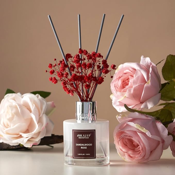 Reed Diffuser Set,3.38 fl oz (100 ml) - Sandalwood Rose Oil Diffusers with 8 Reed Sticks,Home Fragrance Reed Diffuser for Bathroom Shelf Decor