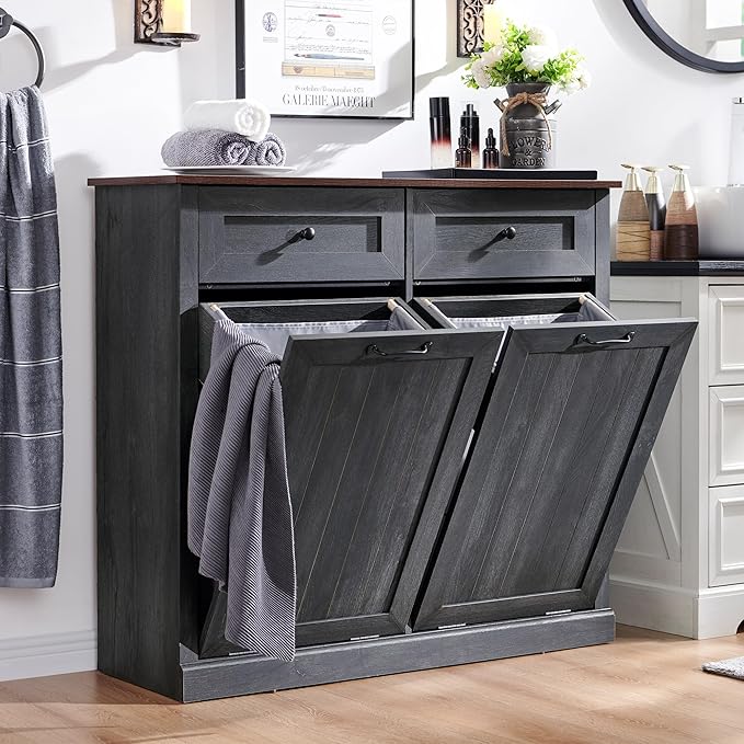 Double Tilt Out Laundry Hamper Cabinet, 20 Gallon Farmhouse Trash Can Cabinet with Drawer, Hidden Wood Garbage Can Bin Cabinet with Laundry Storage Basket for Bathroom, Kitchen, Dark Grey