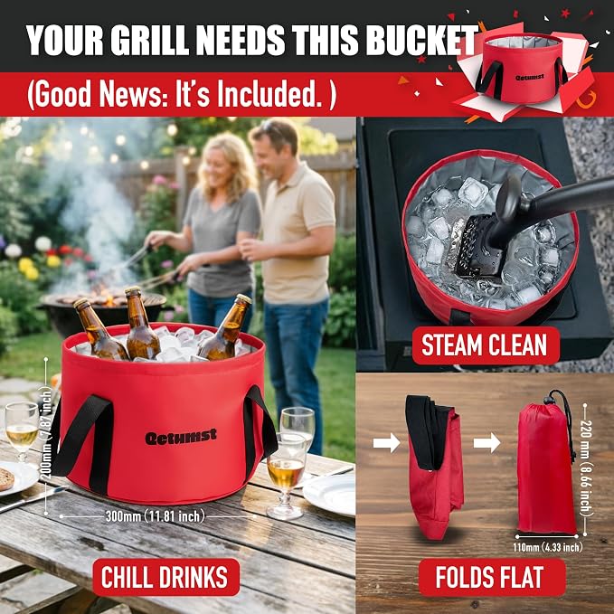 Qetumst Grill Brush Bristle Free with Collapsible Bucket, Steam BBQ Cleaning Kit & 3 in 1 Scraper, Extra Replaceable Head, Safe Outdoor Accessories for Cast Iron, Porcelain Grates