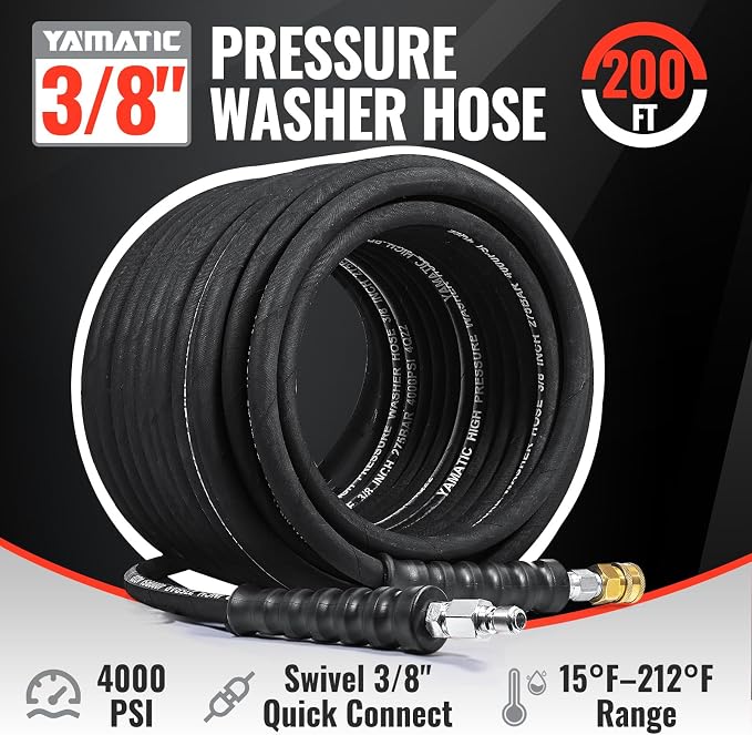 YAMATIC 3/8 Pressure Washer Hose 200 FT 3/8", 4000 PSI Hot Water Power Washer Hose, 360° Swivel 3/8" Quick Connect, Heavy Duty Rubber Hose for Simpson Honda DeWalt Generac Troy-Bilt