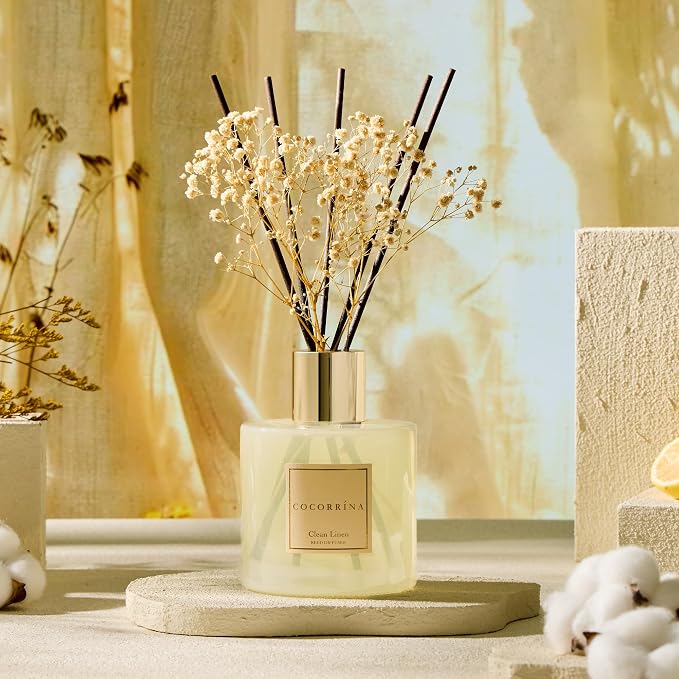 Reed Diffuser - Clean Linen 17 Fl.oz Reed Diffuser with 8 Sticks Scented Diffuser with Preserved Flowers for Bathroom Home Decor