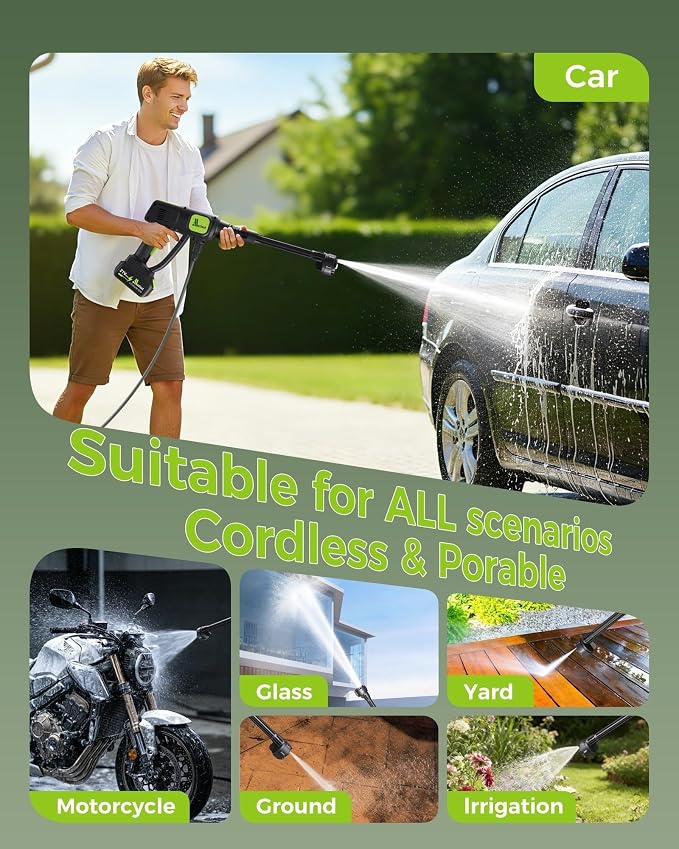 Cordless Car Washer, 1250PSI, Portable Self-Priming Cleaning Tool | Draw Water From Bucket, Garden Hose or Faucet. Lightweight Cordless Design with 6-in-1 Nozzle for Car, Patio, Garden.