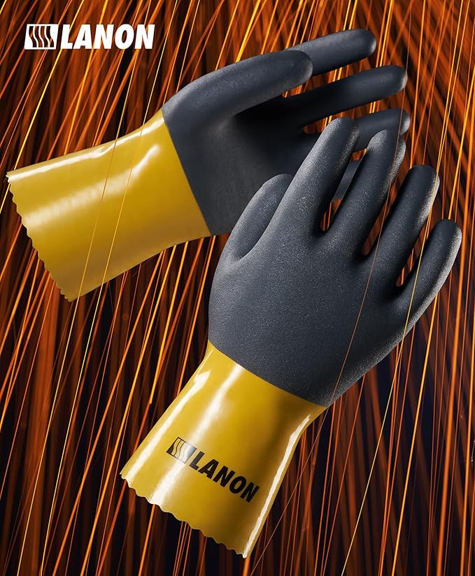 LANON PVC Chemical Gloves, Thick Rubber Work Gloves, Heavy-Duty, EN 374/388, Acid, Alkali and Oil, Non-Slip, XL