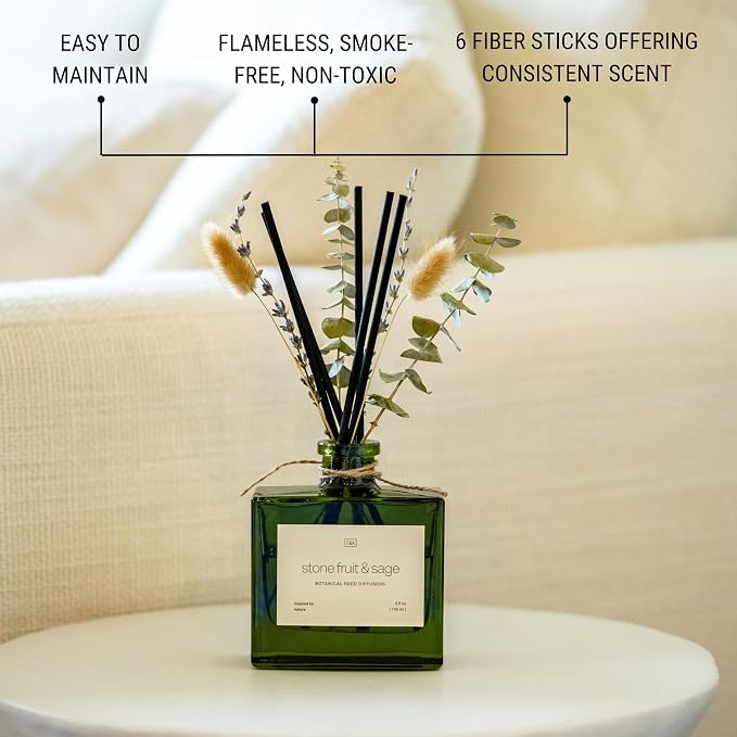 Craft & Kin Reed Diffuser with Dried Flowers | 5 oz Stone Fruit & Sage Scented Holiday Reed Diffusers for Home, Bathroom | Scent Sticks | Elegant Fragrance Home Decor for Men & Women