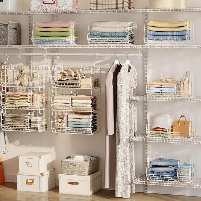 3 Tier Extra Large Closet Hanging Shelves with Divider, 16.5"L x 11.8"W x 33.6"H Closets Organizers and Storage with 5 S Hooks, Clothes Organizer for Sweaters Shoes Handbags Clutches Accessories-White