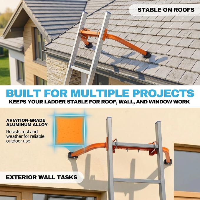 Ladder Stabilizer – Aluminum Ladder Standoff for Extension Ladder | Adjustable Half Frame Stabilizer with Dual Arms for Roof, Gutter Cleaning & Wall Work | Non-Slip Rubber Pads