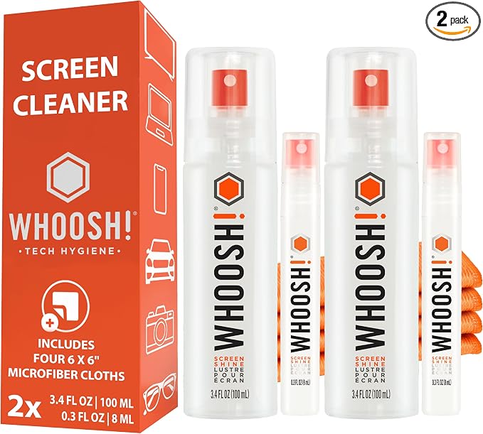 WHOOSH Screen Cleaner and Wipe Kit Duo, Set of 2, 3.7 fl oz + 0.3 fl oz | Large and Travel Size Bottles, Non Toxic and Odorless, For iPad, MacBook and Car Screens, 2 Microfiber Cloths